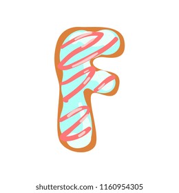 F letter in the shape of sweet glazed cookie, bakery edible font of English alphabet vector Illustration on a white background