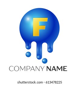 F Letter splash logo. Blue dots and bubbles letter design on grey background. Vector Illustration