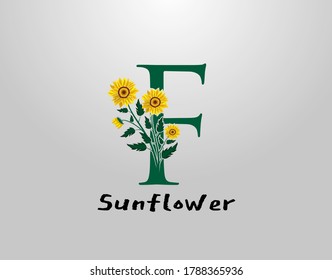 F Letter with sunflower vector design. Flower Plant F Logo Icon. Typography design