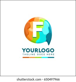 F letter Talk brand identity. Speech bubble icon Logo template. Chat vector illustration design.