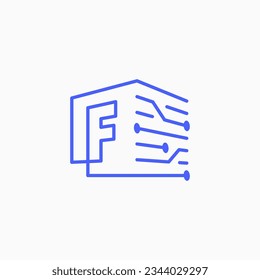 F Letter Tech Electric Circuit cube block Logo Outline Vector Icon Illustration