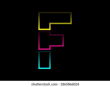 F letter vector desing, Cmyk color font logo. Dynamic split blue, pink, yellow color on black background. For social media,design elements, creative poster, web template and more      