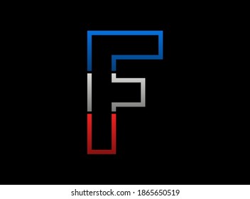 F diseño vectorial de letra, logo de fuente de trazo de contorno. Grises divididos dinámicos, color azul sobre fondo negro. Para medios sociales, elementos de diseño, afiches creativos, plantillas web y más


