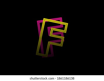 F letter vector desing, shadow font logo. Dynamic split pink, yellow color on black background. For social media,design elements, creative poster, web template    


