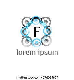 F letter vector logo with circles calligraphic borders (icon, sign, symbol, monogram)