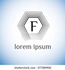 F letter vector logo template (sign, symbol, emblem, ornament). Hexagram linear vector frame.
