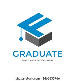 F Letter vector template logo with student hat symbol. This graduate logo is creative and can be used for education, degree, study, diploma.