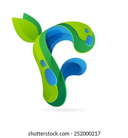 F letter volume ecology logo, leaves and water drops vector design template elements