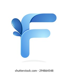 F letter with water waves and blue drops. Vector design template elements for your ecology application or company branding