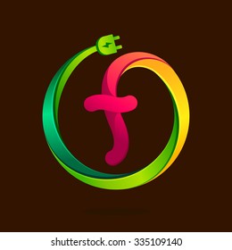F letter with wire plug icon. Vector design template elements for your application or corporate identity.