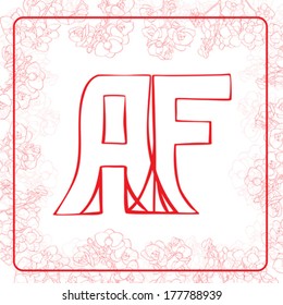 A and F letters, hand drawn illustration of a monogram surrounded by a floral frame with orchids