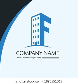 F logo for business commercial or non profit organization. Logo contains a building and F latter entwined together to form a creative and unique corporate logo shape