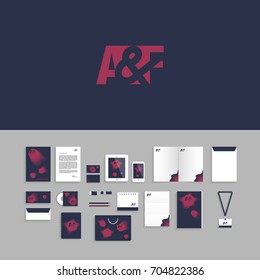 A and F Logo. Corporate identity template set. Business stationery mock-up