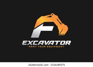 F logo excavator for construction company. Heavy equipment template vector illustration for your brand.