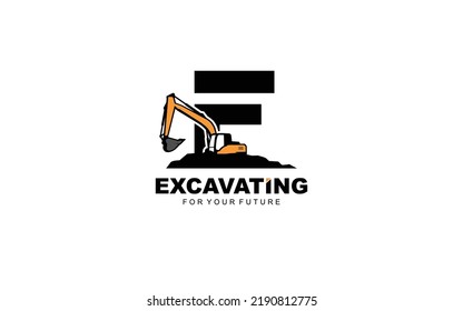 F logo excavator for construction company. Heavy equipment template vector illustration for your brand.