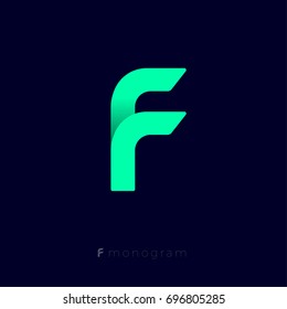 F logo. F letter emblem. Green origami monogram on dark background.