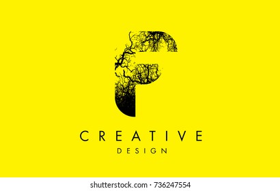 F Logo Letter Made From Black Tree Branches. Tree Letter Design with Minimalist Creative Style.