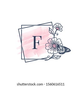 F logo monogram feminine design,flower with butterfly illustration