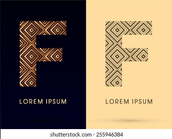 F ,Luxury font, designed using gold and brown bronze line square geometric shape with black and white tone, logo, symbol, icon, graphic, vector.