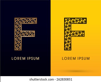 F ,Luxury font, designed using gold and black triangle geometric shape. on dark and yellow  background, sign ,logo, symbol, icon, graphic, vector.