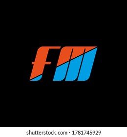 Letra F M. Logo de letras anaranjadas y azules de FM