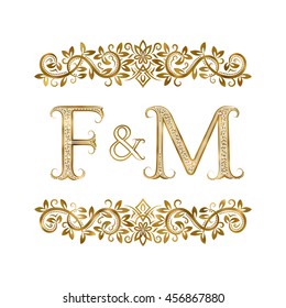 F and M vintage initials logo symbol. The letters are surrounded by ornamental elements. Wedding or business partners monogram in royal style.