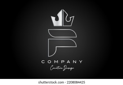 F metal alphabet letter logo icon design. Silver grey creative crown king template for company and business