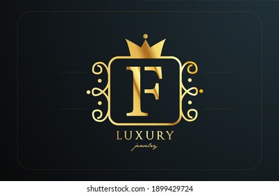 F monogram golden metal alphabet letter logo. Creative icon design with king crown for luxury business and company 