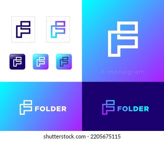 F Monogramm. Buchstabe F als gefalteter Streifen. Abstraktes Symbol. Identität, Corporate Style, App-Button-Set.