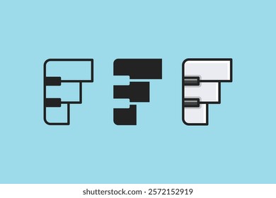 The F piano logo is made in alternative outline, silhouette and outline filled styles on a blue background