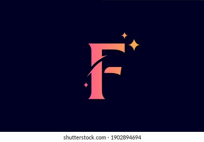 F logotipo de la letra del alfabeto gradiente amarillo rosado para compañía con estrellas. Marca para letras e identidad. Diseño de plantilla creativa para el icono de negocio