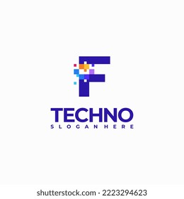 Plantilla de diseño de logotipos de letras F Pixel, concepto de símbolo del logotipo de la tecnología de píxeles