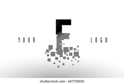 F Pixel Letter Logo with Digital Shattered Black Squares. Creative Letters Vector Illustration.
