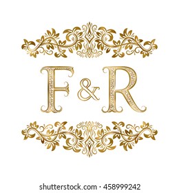 F and R vintage initials logo symbol. The letters are surrounded by ornamental elements. Wedding or business partners monogram in royal style.