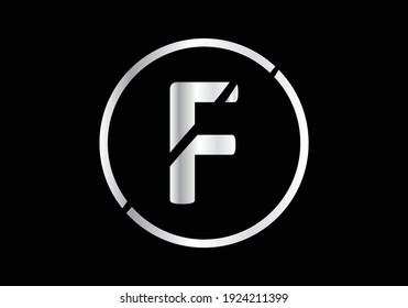 F Silver Letter Logo Design With Circle Swoosh And Silver Metal Texture.