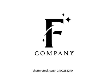 F simple black and white alphabet letter logo for company and corporate. Creative star design with swoosh. Can be used for a luxury brand or icon lettering