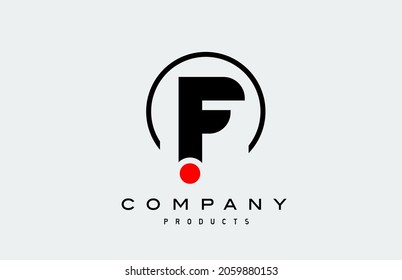 F simple icono del logo de la letra del alfabeto blanco negro con punto rojo y círculo. Diseño creativo para empresas 