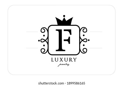 F simple monogram alphabet letter logo in black and white. Creative icon design with king crown for luxury business and company 