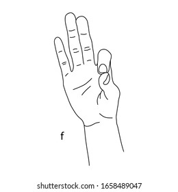 F is the sixth letter of the alphabet in sign language. Vector graphics image of a hand. The language of the deaf. Line art drawing. Black and white illustration. Fingers folded in letter f