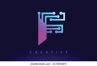 F Tech Letter logo Concept with Connected Technology Dots and Lines in Blue Purple Colors Vector Design