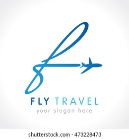 F travel company logo concept. Airlines, transportation or logistics company f name with flying plane. Branding identity, vector emblem. Isolated abstract graphic design template. Blue label.