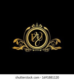 F & U / FU logo initial vector mark. Initial letter F and U FU logo luxury vector mark, gold color elegant classical symmetric curves decor.