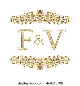 F and V vintage initials logo symbol. The letters are surrounded by ornamental elements. Wedding or business partners monogram in royal style.