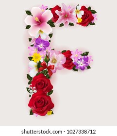 F, vector font with realistic of beautiful tropical flowers on background color.