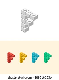 F vector letter with colourful plastic toy brick, isolated isometric 3d childish block font. Perfect for kids labels, birthday and kindergarten posters, school style, children magazines etc.