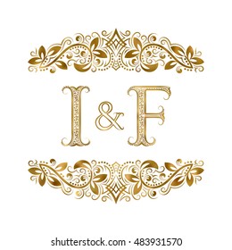 I and F vintage initials logo symbol. The letters are surrounded by ornamental elements. Wedding or business partners monogram in royal style.
