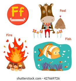 F vocabulary cartoon set with foal, fire and fish isolated on white background, illustration, vector