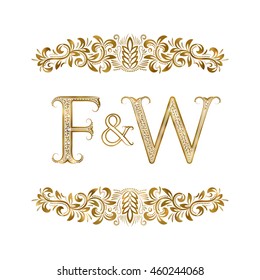 F and W vintage initials logo symbol. The letters are surrounded by ornamental elements. Wedding or business partners monogram in royal style.