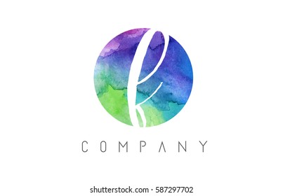 f Watercolor Letter Logo Design with Circular Brush Pattern and Blue Green Purple Colors.