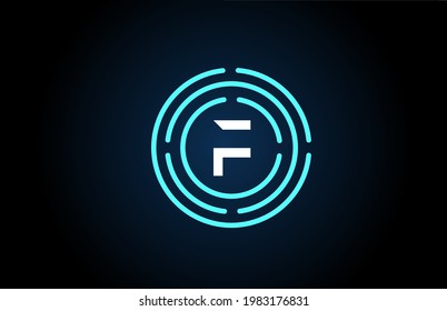 F diseño de letra de icono blanco con círculos azules. Diseño del logotipo del alfabeto. Marcas para productos y empresas